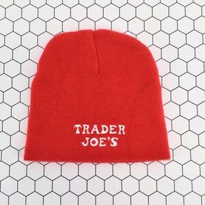 Trader Joe's Crew Beanie Red with White Embroidery Lettering One Size